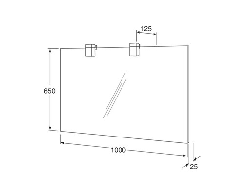 Teknisk ritning av en rektangulär spegel med dimensioner