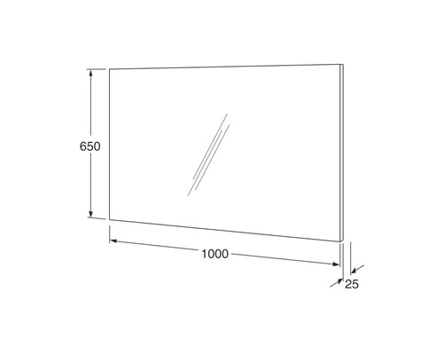 Teknisk ritning av en rektangulär spegel som mäter 650 x 1000 x 25 millimeter