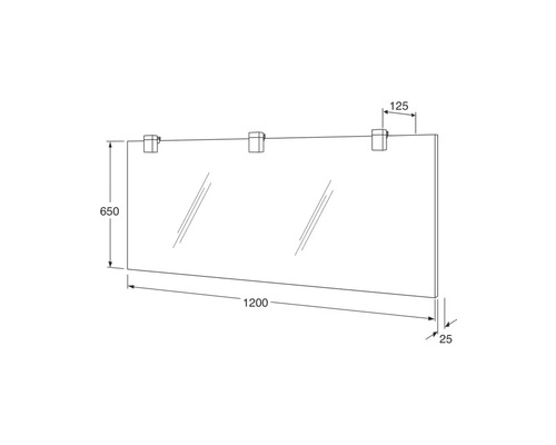 Teknisk ritning av en duschvägg i glas med måttangivelser