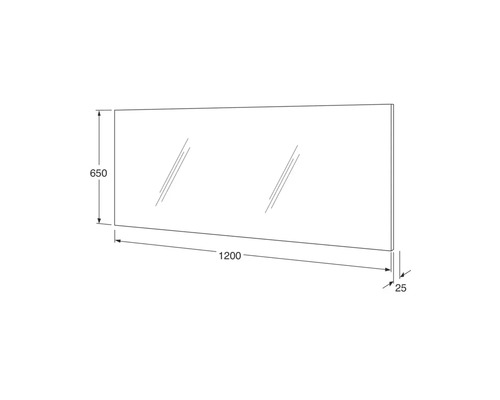 Teknisk ritning av en spegel med måtten 650 x 1200 x 25 millimeter.