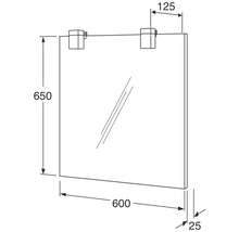 Teknisk ritning av en duschvägg med måtten 650 x 600 mm och en tjocklek på 25 mm.