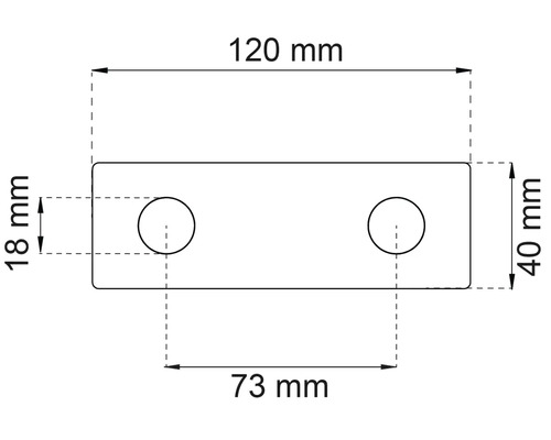 Teknisk ritning av en metallplatta med måtten 120 x 40 millimeter och två borrade hål