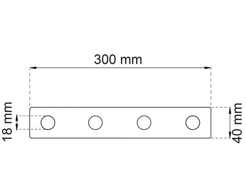 Teknisk ritning av en kopplingsplatta med fyra hål och måtten 300 mm längd, 40 mm bredd och 18 mm hålavstånd till kanten.