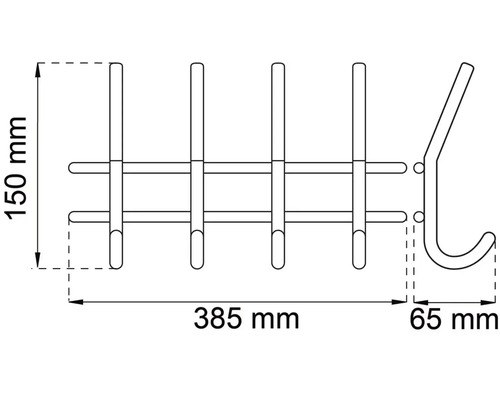 Teknisk ritning av en hatthylla med måtten 385 millimeter bred, 150 millimeter hög och 65 millimeter djup.
