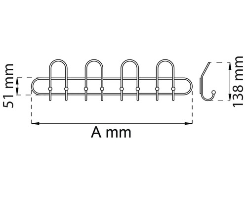Teknisk ritning av en klädhängare med måtten 51 mm, A mm och 138 mm.
