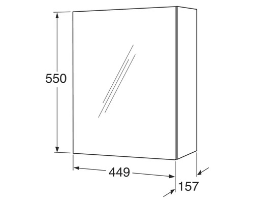 Teknisk ritning av ett spegelskåp med måttangivelser