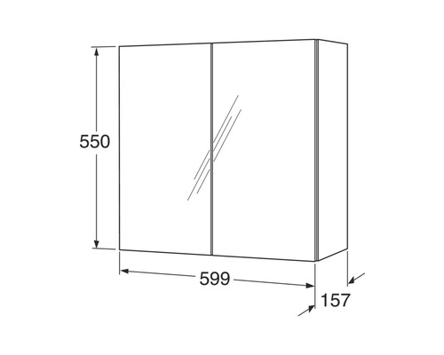 Teknisk ritning av ett spegelskåp med mått