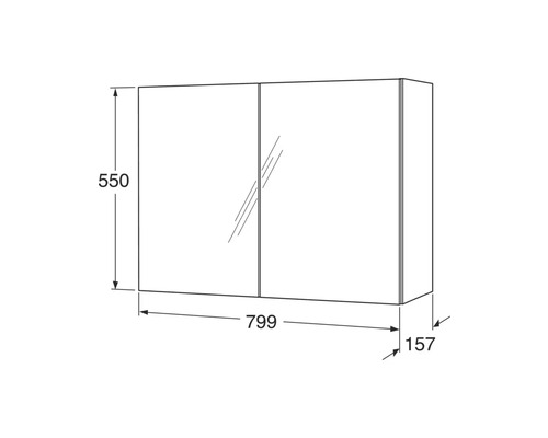 Bild av ett spegelskåp med måtten 550, 799 och 157 millimeter