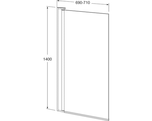 Teknisk ritning av en duschvägg med måtten 690 till 710 gånger 1400 millimeter.