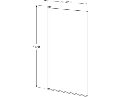 Badkarsvägg GUSTAVSBERG Square rak vikbar silver klarglas 80x140 cm 7381660 Teknisk ritning av en duschvägg med måtten 790 till 810 och 1400