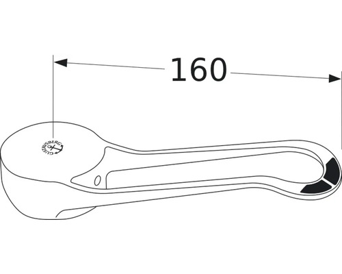 Gustavsberg logotyp. Bild av en toalettspolningsspak med mått 160.