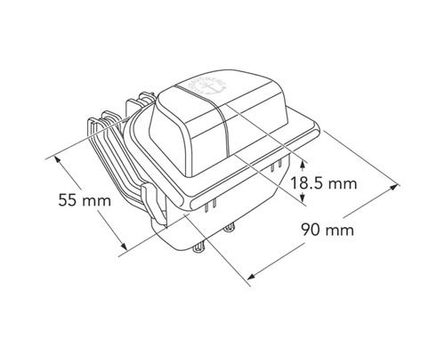 Teknisk ritning av ett hölje med måtten 55 mm, 18,5 mm och 90 mm