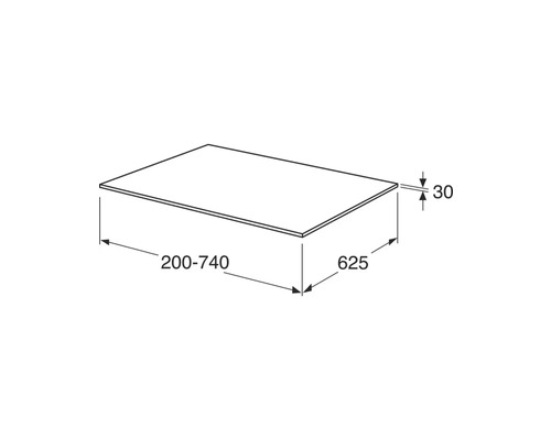 Bänkskiva med måtten 200 till 740 gånger 625 gånger 30 millimeter.