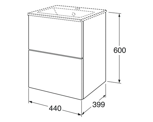 Ritning av ett tvättställsskåp med måtten 600 x 440 x 399 millimeter.