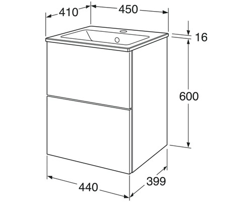 Teknisk ritning av ett tvättställsskåp med måtten 410, 450, 16, 600, 440 och 399 millimeter.