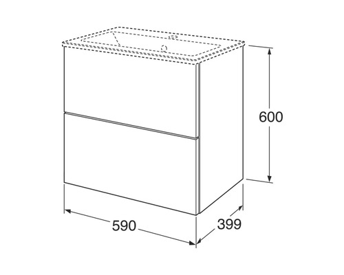 Måttritning av ett tvättställsskåp med två lådor och måtten 600 x 590 x 399 millimeter.
