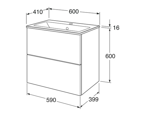 Teknisk ritning av ett tvättställsskåp med mått