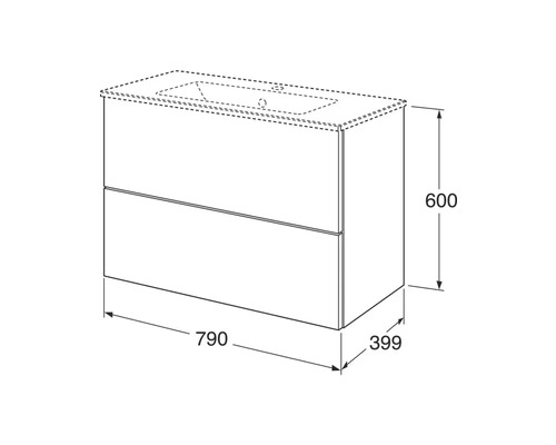 Konturskiss av ett underskåp för tvättställ med dimensioner