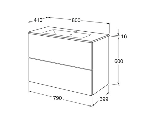 Teknisk ritning av ett tvättställsskåp med mått