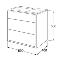 Teknisk ritning av ett tvättställsskåp med tre lådor och måtten 550 x 590 x 400 mm.