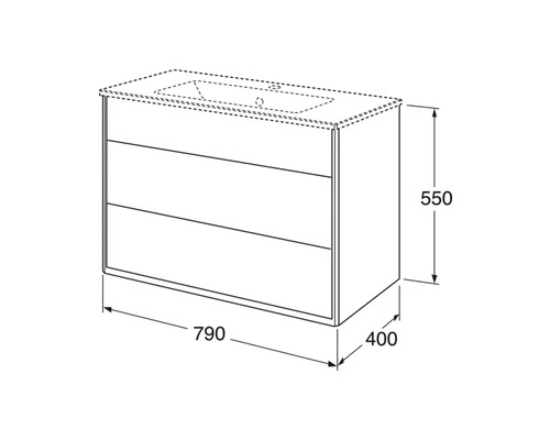 Ritning av ett tvättställsskåp med tre lådor och måttangivelser