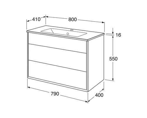 Teknisk ritning av ett tvättställsskåp med mått.
