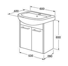 Skiss av ett tvättställsskåp med måttangivelser