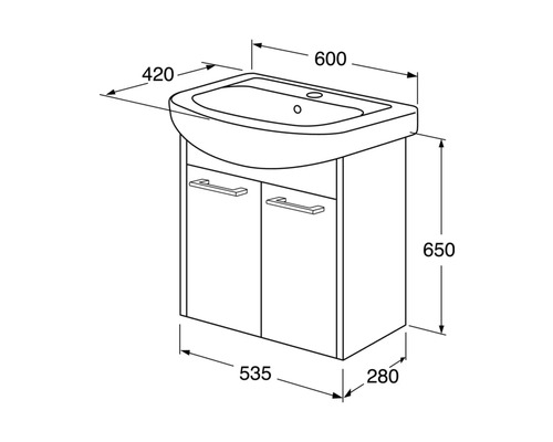 Skiss av ett tvättställsskåp med måttangivelser