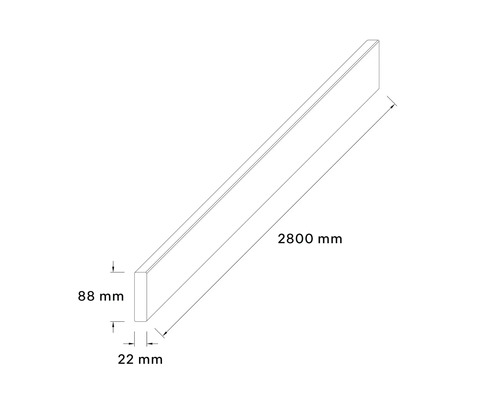 Skiss av en golvsockel med måtten 2800 mm längd, 88 mm höjd och 22 mm bredd.