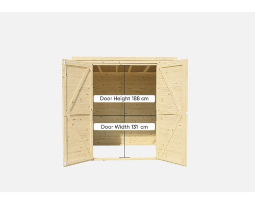 Trädgårdshus i trä med öppen dubbeldörr, dörrhöjd 188 cm, dörrbredd 131 cm