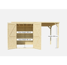 Trädgårdsskjul av trä med dubbeldörr och carport, dörrhöjd 188 cm, dörrbredd 131 cm, höjd carport 200 cm