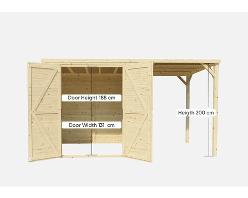 Trädgårdsskjul av trä med dubbeldörr och carport, dörrhöjd 188 cm, dörrbredd 131 cm, höjd carport 200 cm