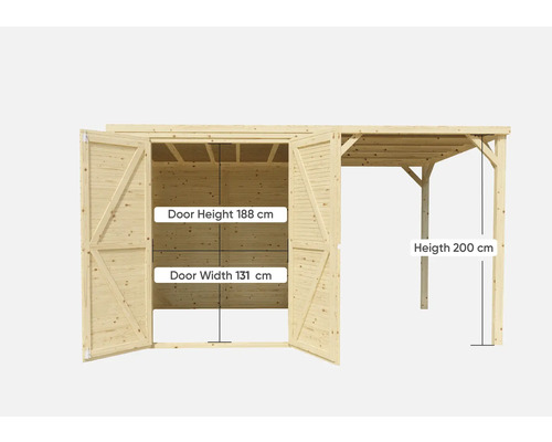 Trädgårdshus i trä med öppna dubbeldörrar, dörrhöjd 188 cm, dörrbredd 131 cm, höjd 200 cm