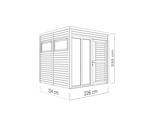 Teknisk ritning av ett trädgårdshus med fönster, dubbeldörr och måtten 234 x 226 x 232 cm.