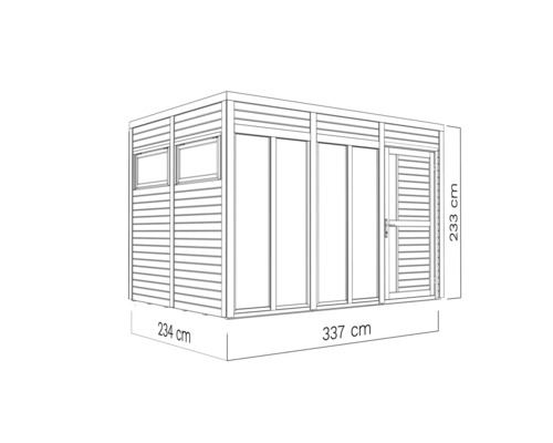 Illustration av ett trädgårdshus med dörr, fönster och måtten 233 cm högt, 234 cm djupt och 337 cm brett.