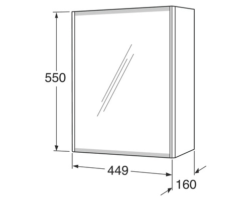 Teknisk ritning av ett spegelskåp med mått