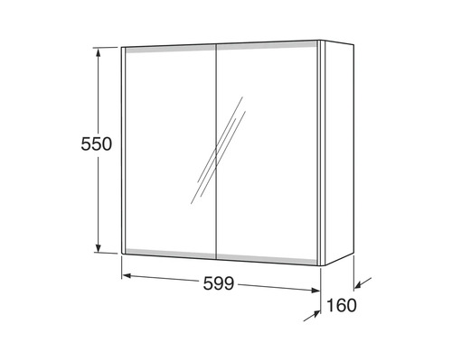 Teknisk ritning av ett spegelskåp med måtten 550 x 599 x 160 millimeter.