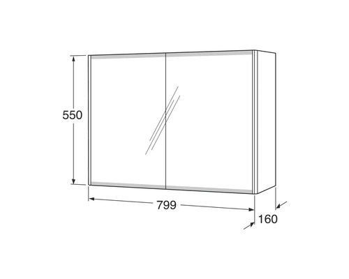 Teknisk ritning av ett spegelskåp med måtten 799 x 550 x 160 mm