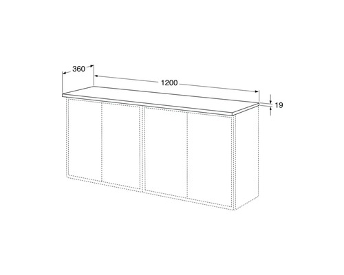 Ritning av en tvättställsskiva med måtten 1200 x 360 x 19 millimeter.