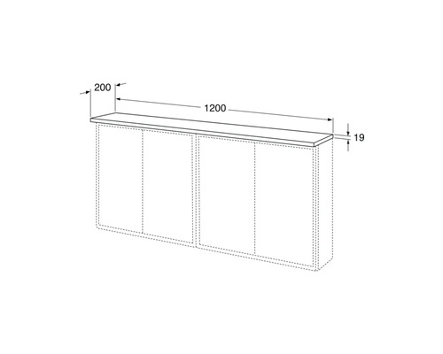 Teknisk ritning av en tvättställsskiva med måtten 1200 x 200 x 19 mm