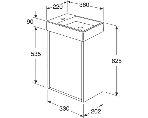 Teknisk ritning av ett tvättställsskåp med mått
