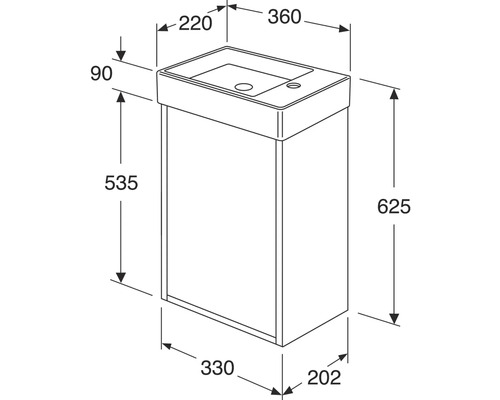 Teknisk ritning av ett tvättställsskåp med mått