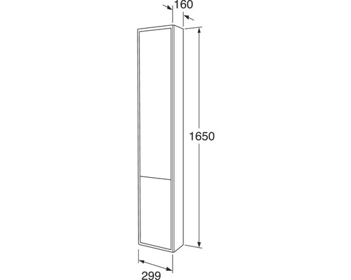 Teknisk ritning av ett badrumsskåp med måtten 160 mm djup, 299 mm bredd och 1650 mm höjd.