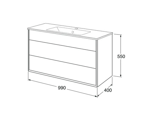 Ritning av ett tvättställsskåp med tre lådor och mått.