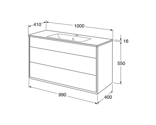 Ritning av ett tvättställsskåp med mått.
