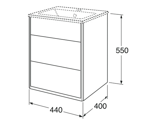 Ritning av ett tvättställsskåp med måtten 440 x 400 x 550 mm.