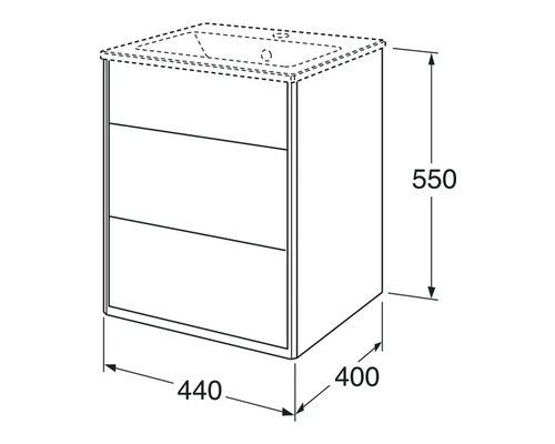 Ritning av ett tvättställsskåp med dimensioner
