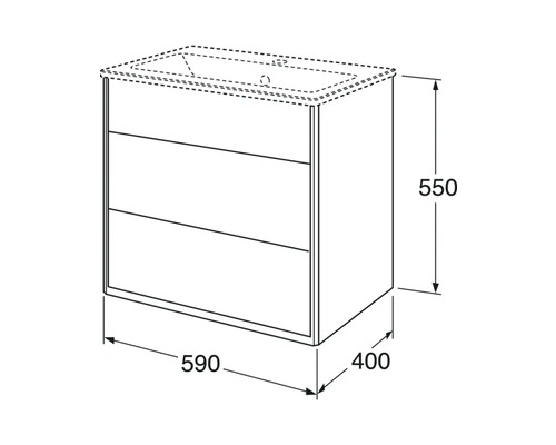 Ritning av ett tvättställsskåp med måtten 590 x 400 x 550 millimeter