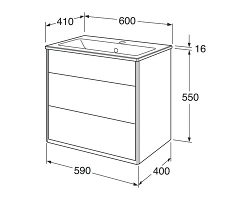 Teknisk ritning av ett tvättställsskåp med mått