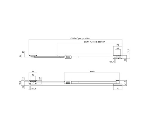 Teknisk ritning av ett stånglås med måttangivelser